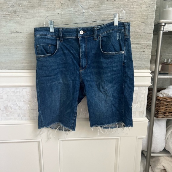 32 Anthropologie pilcro high rise slim jean shorts dark denim raw edge Bermudas - Picture 3 of 11